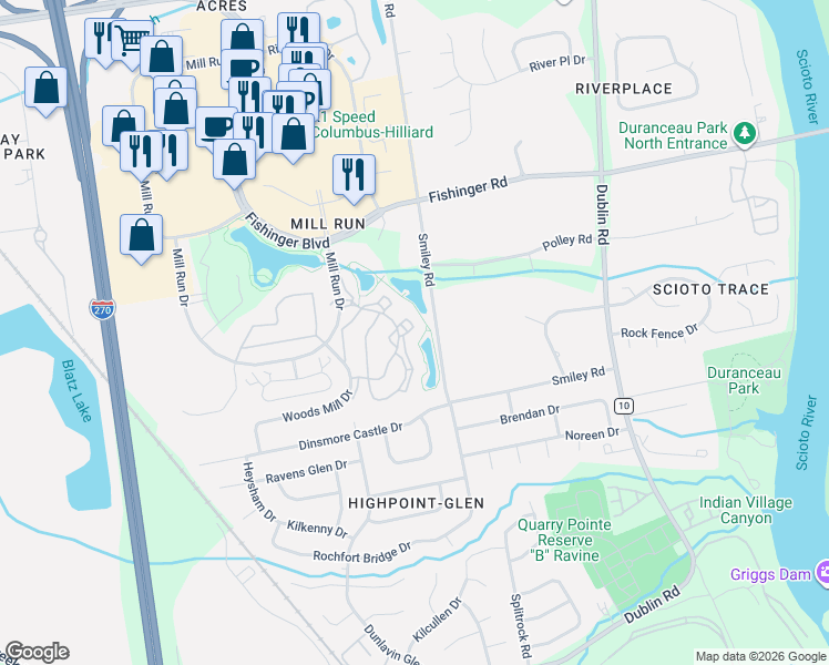 map of restaurants, bars, coffee shops, grocery stores, and more near 3382 Fishinger Mill Drive in Hilliard