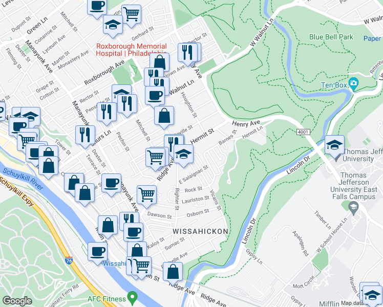 map of restaurants, bars, coffee shops, grocery stores, and more near 5485 Vicaris Street in Philadelphia