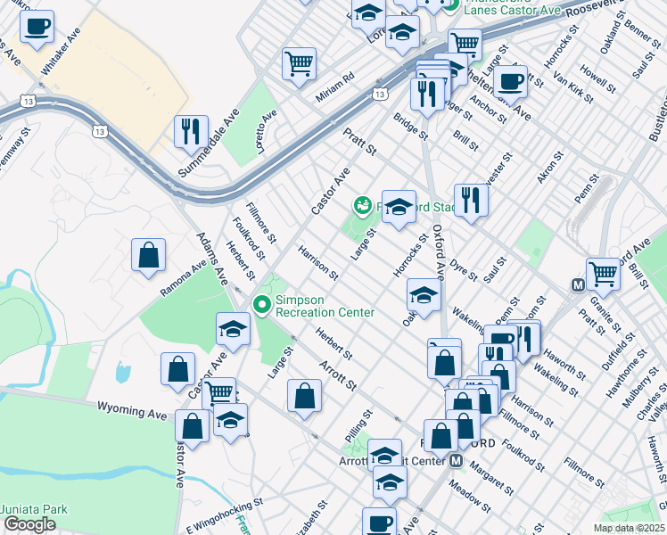 map of restaurants, bars, coffee shops, grocery stores, and more near 1017 Harrison Street in Philadelphia