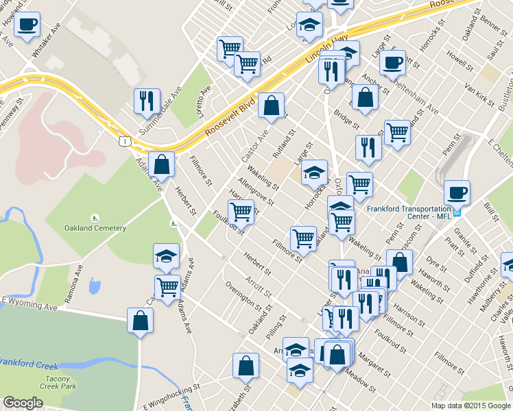 map of restaurants, bars, coffee shops, grocery stores, and more near 1017 Harrison Street in Philadelphia