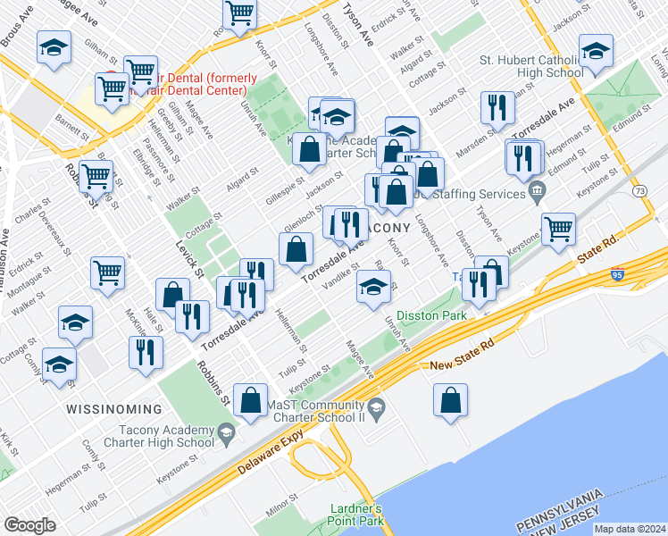 map of restaurants, bars, coffee shops, grocery stores, and more near 6629 Torresdale Avenue in Philadelphia
