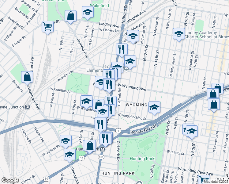 map of restaurants, bars, coffee shops, grocery stores, and more near 4623 North Broad Street in Philadelphia