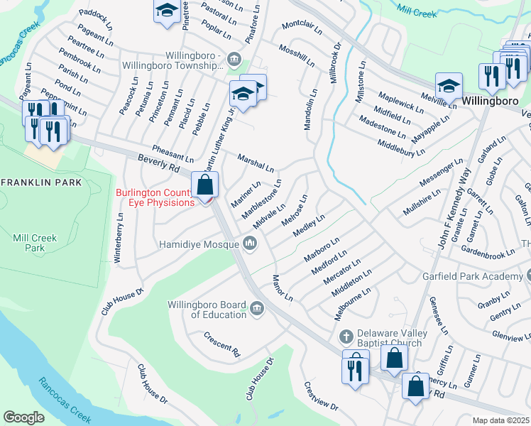 map of restaurants, bars, coffee shops, grocery stores, and more near 33 Midvale Lane in Willingboro