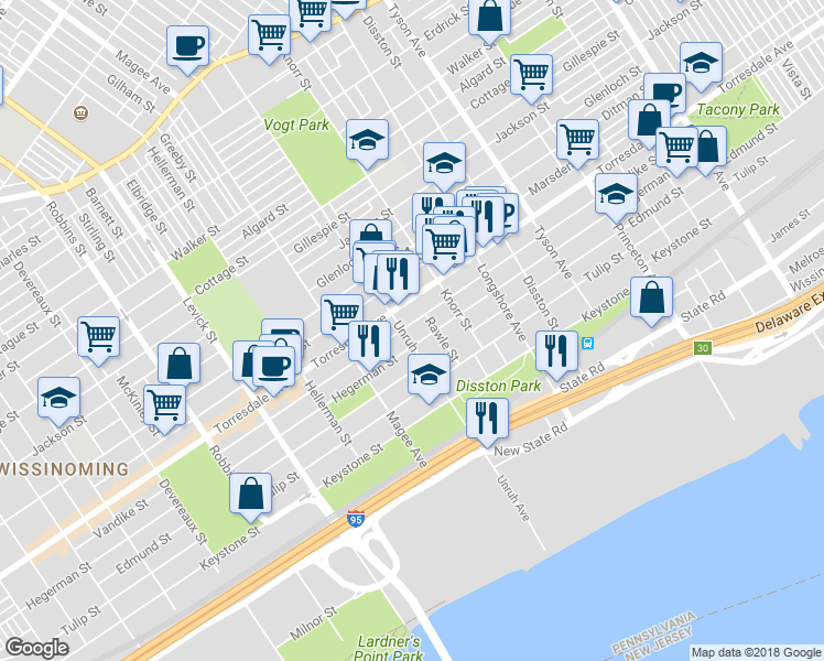map of restaurants, bars, coffee shops, grocery stores, and more near 4717 Unruh Avenue in Philadelphia