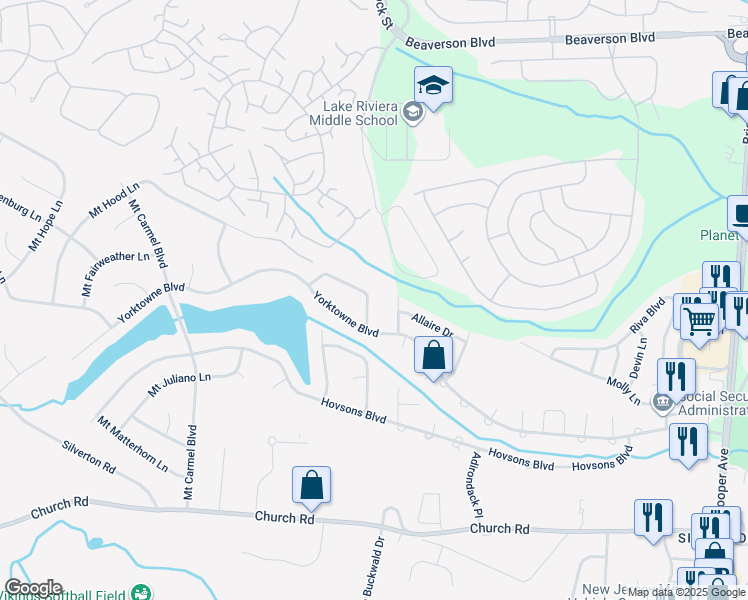 map of restaurants, bars, coffee shops, grocery stores, and more near 82 Parisian Drive in Toms River