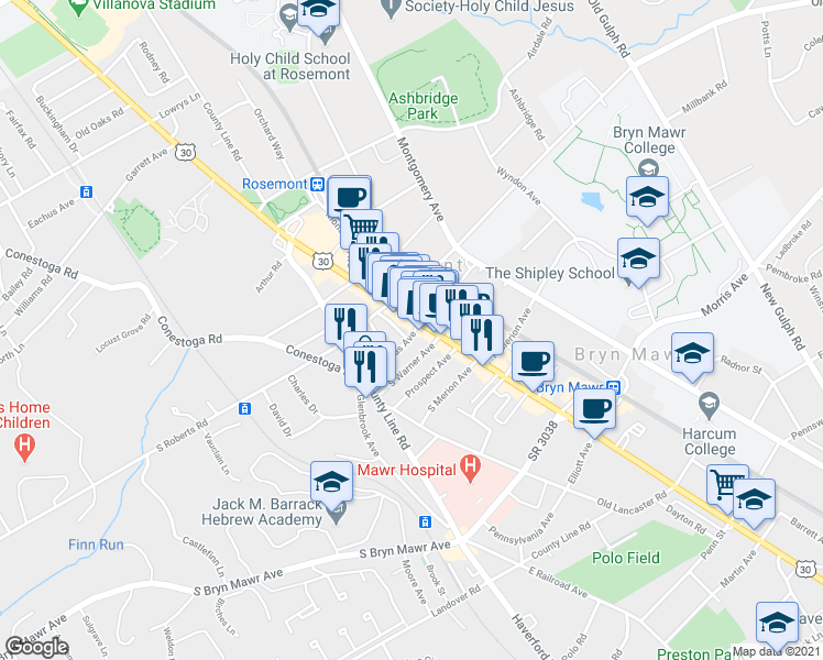 map of restaurants, bars, coffee shops, grocery stores, and more near 8 Thomas Avenue in Bryn Mawr