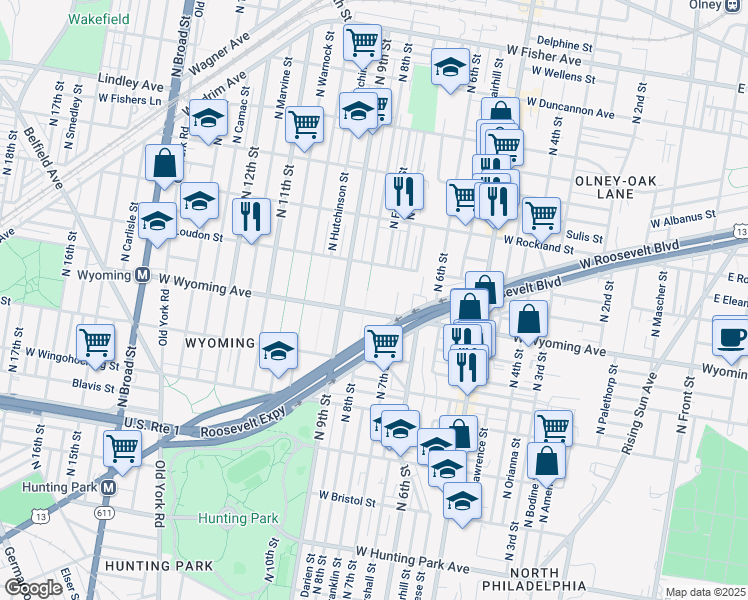 map of restaurants, bars, coffee shops, grocery stores, and more near 725 West Wyoming Avenue in Philadelphia