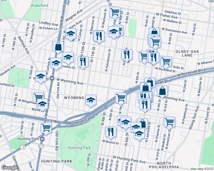 map of restaurants, bars, coffee shops, grocery stores, and more near 907 West Wyoming Avenue in Philadelphia