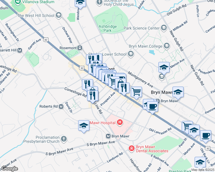 map of restaurants, bars, coffee shops, grocery stores, and more near 29 Thomas Avenue in Bryn Mawr