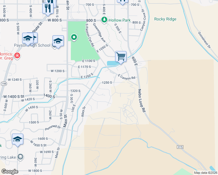map of restaurants, bars, coffee shops, grocery stores, and more near 389 East 1290 South in Payson