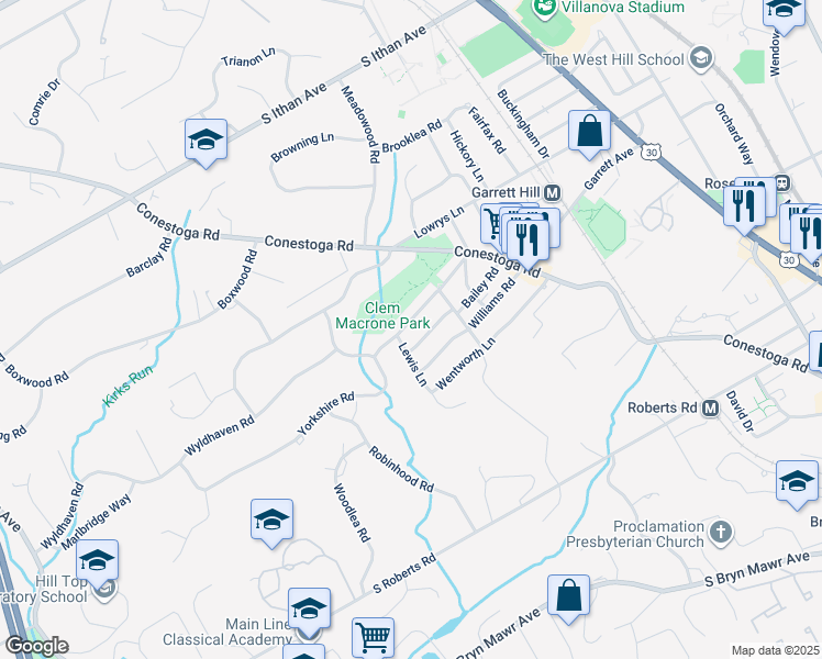 map of restaurants, bars, coffee shops, grocery stores, and more near 329 Rockingham Road in Bryn Mawr