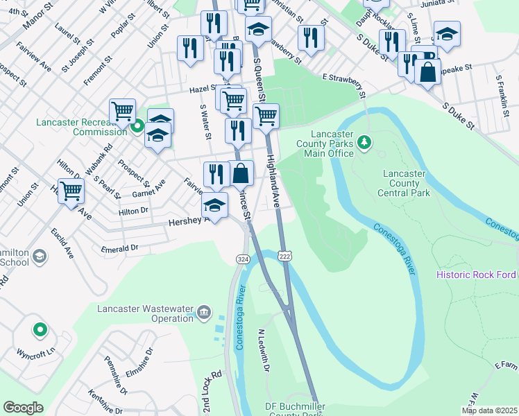 map of restaurants, bars, coffee shops, grocery stores, and more near 859 South Queen Street in Lancaster