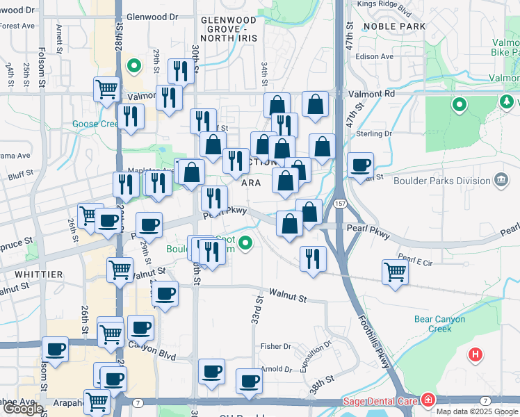 map of restaurants, bars, coffee shops, grocery stores, and more near 3501 Pearl St in Boulder