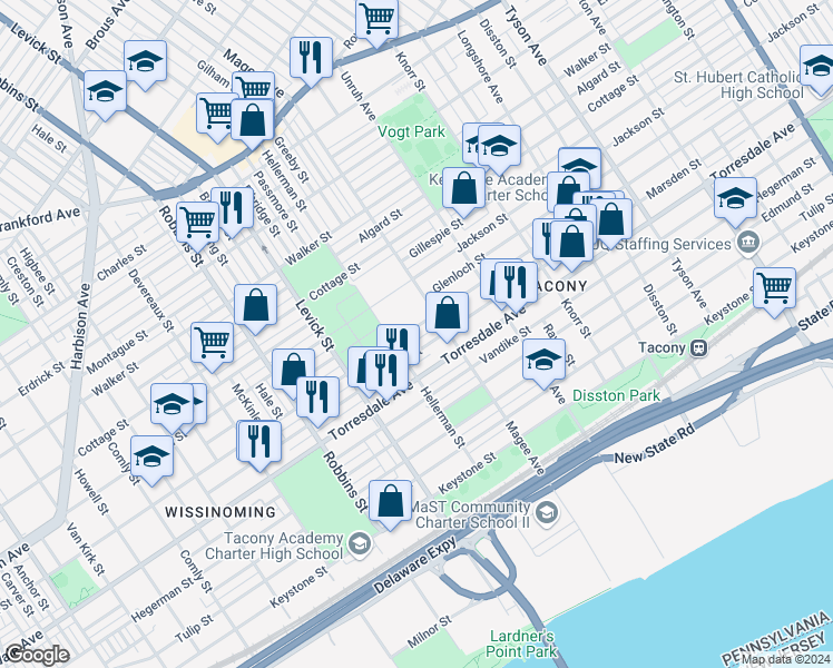 map of restaurants, bars, coffee shops, grocery stores, and more near 6529 Ditman Street in Philadelphia