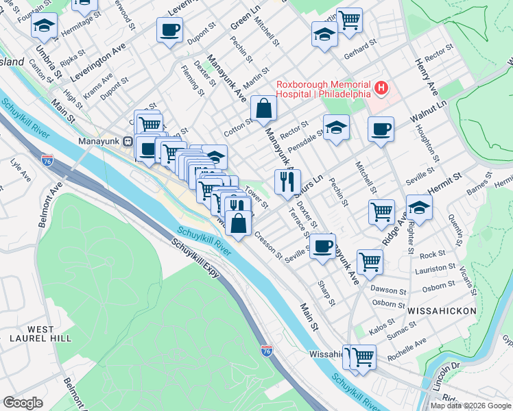 map of restaurants, bars, coffee shops, grocery stores, and more near 4159 Tower Street in Philadelphia