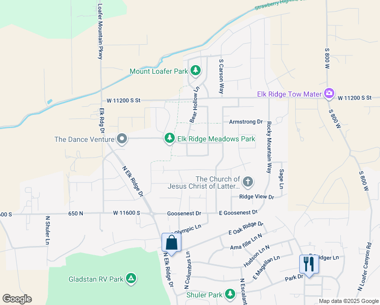 map of restaurants, bars, coffee shops, grocery stores, and more near 1040 Bear Hollow Lane in Elk Ridge