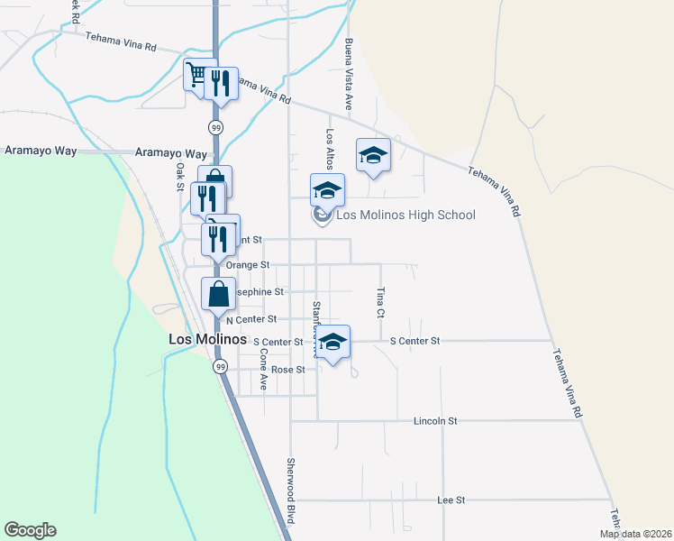 map of restaurants, bars, coffee shops, grocery stores, and more near 25275 Orange Street in Los Molinos