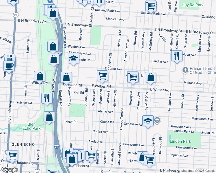 map of restaurants, bars, coffee shops, grocery stores, and more near East Weber Road & Azelda Street in Columbus