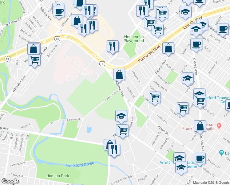 map of restaurants, bars, coffee shops, grocery stores, and more near 4608 Ramona Avenue in Philadelphia