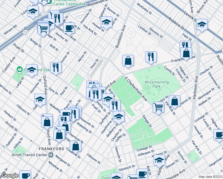 map of restaurants, bars, coffee shops, grocery stores, and more near 1609 Brill Street in Philadelphia