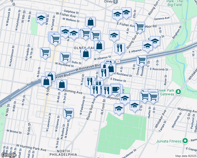 map of restaurants, bars, coffee shops, grocery stores, and more near 4817 North Mascher Street in Philadelphia