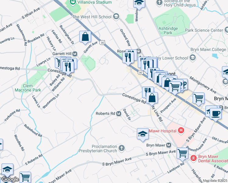 map of restaurants, bars, coffee shops, grocery stores, and more near 138 Montrose Avenue in Bryn Mawr