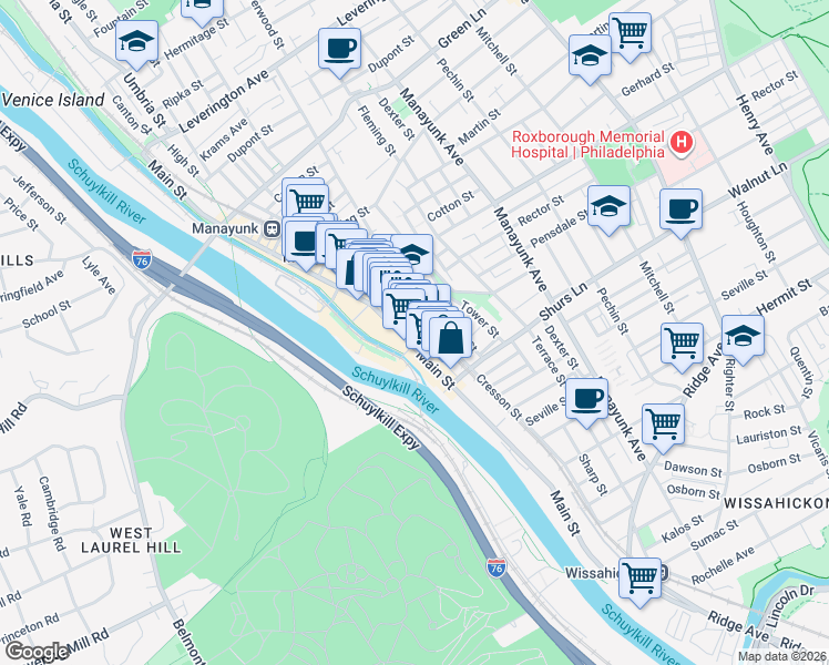 map of restaurants, bars, coffee shops, grocery stores, and more near 4175 Apple Street in Philadelphia