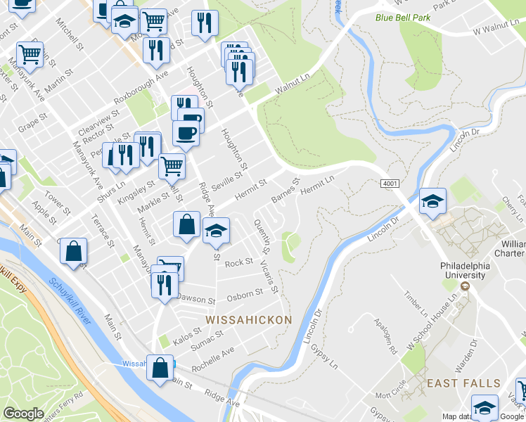 map of restaurants, bars, coffee shops, grocery stores, and more near 5475 Houghton Place in Philadelphia