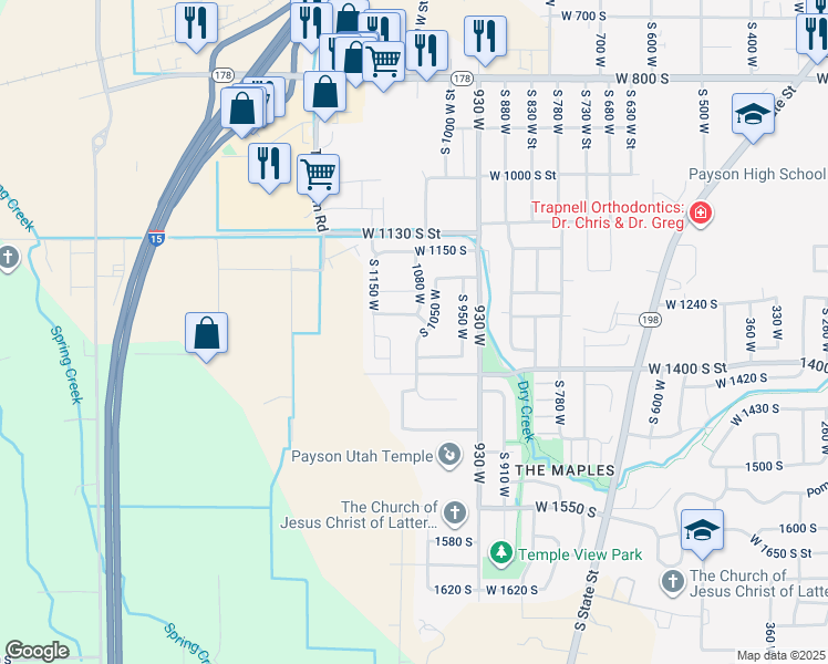 map of restaurants, bars, coffee shops, grocery stores, and more near 1116 W 1290 S in Payson
