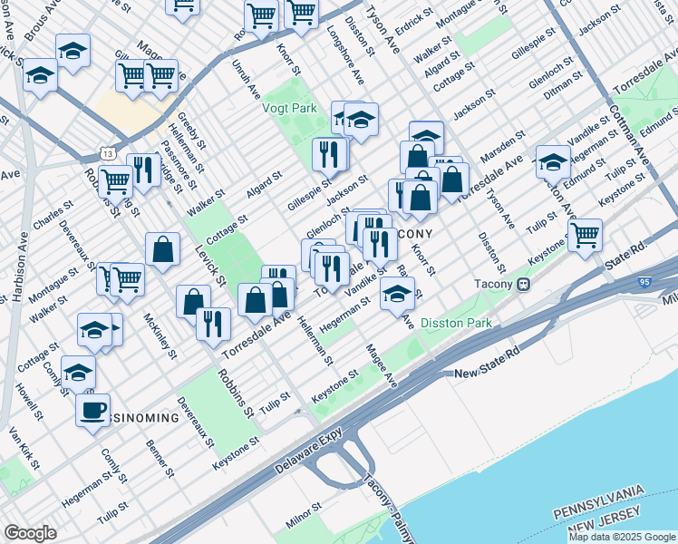 map of restaurants, bars, coffee shops, grocery stores, and more near 6618 Marsden Street in Philadelphia