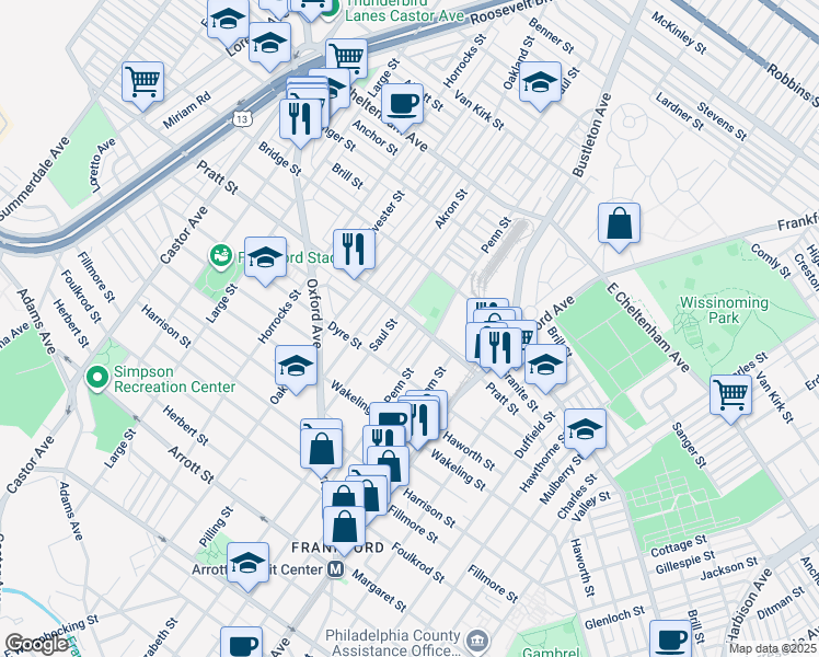 map of restaurants, bars, coffee shops, grocery stores, and more near 1215 Pratt Street in Philadelphia
