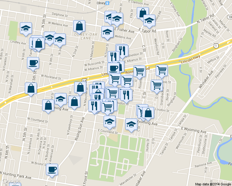 map of restaurants, bars, coffee shops, grocery stores, and more near 4903 A Street in Philadelphia