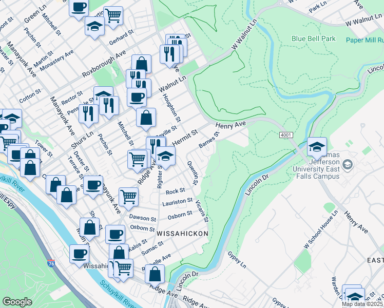 map of restaurants, bars, coffee shops, grocery stores, and more near 591 Hermit Street in Philadelphia