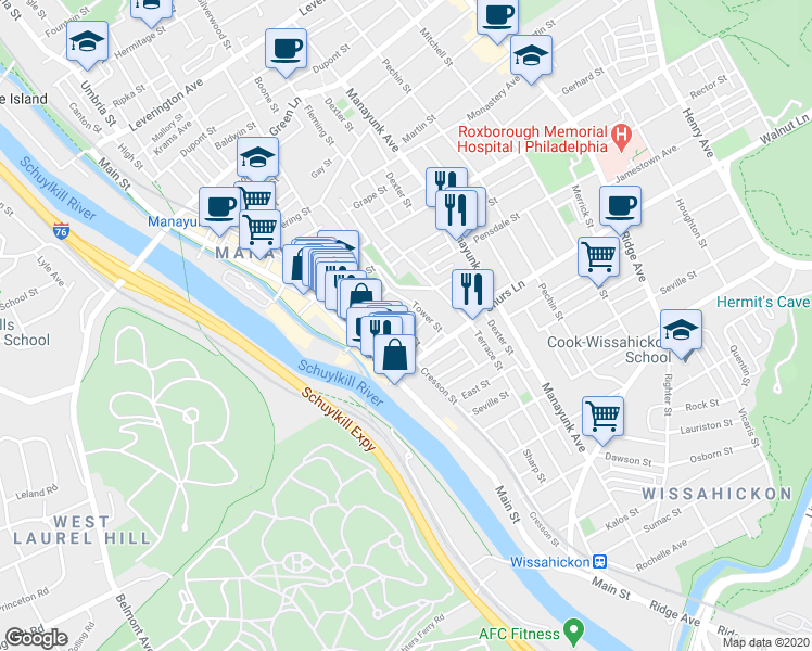 map of restaurants, bars, coffee shops, grocery stores, and more near 4159 Tower Street in Philadelphia
