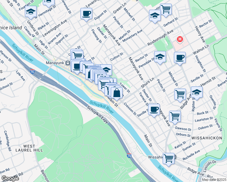 map of restaurants, bars, coffee shops, grocery stores, and more near 4175 Apple Street in Philadelphia
