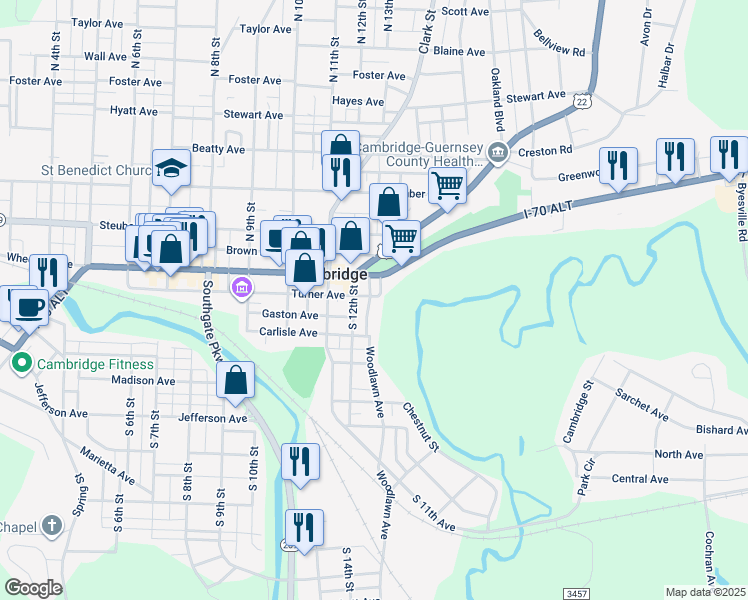 map of restaurants, bars, coffee shops, grocery stores, and more near 1200 East Wheeling Avenue in Cambridge