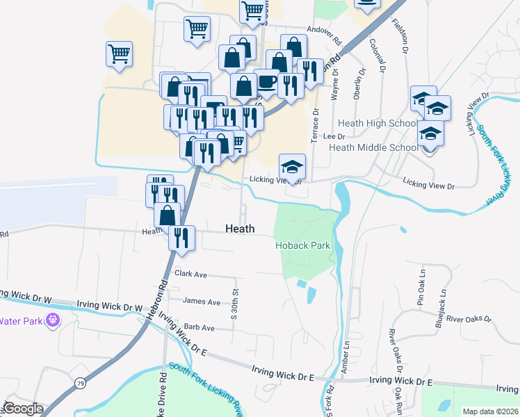map of restaurants, bars, coffee shops, grocery stores, and more near 31 Licking View Drive in Heath