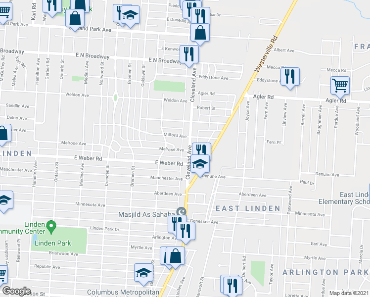 map of restaurants, bars, coffee shops, grocery stores, and more near 1750 Milford Avenue in Columbus