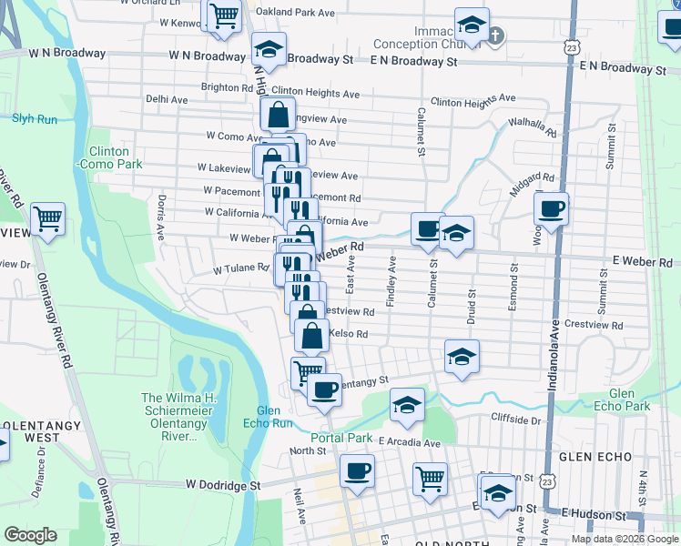 map of restaurants, bars, coffee shops, grocery stores, and more near 83 East Weber Road in Columbus