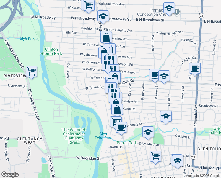 map of restaurants, bars, coffee shops, grocery stores, and more near 16 West Tulane Road in Columbus