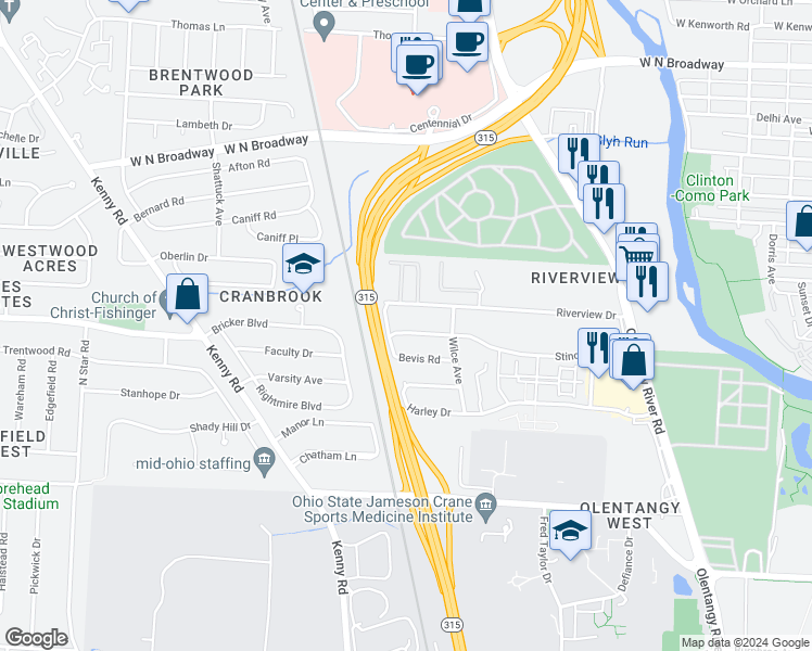 map of restaurants, bars, coffee shops, grocery stores, and more near 820 Riverview Drive in Columbus
