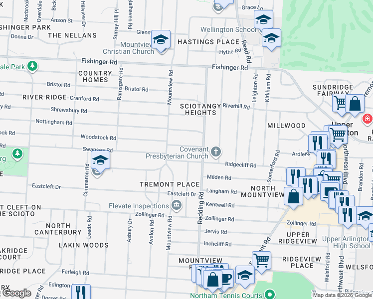 map of restaurants, bars, coffee shops, grocery stores, and more near 2154 Wesleyan Drive in Columbus