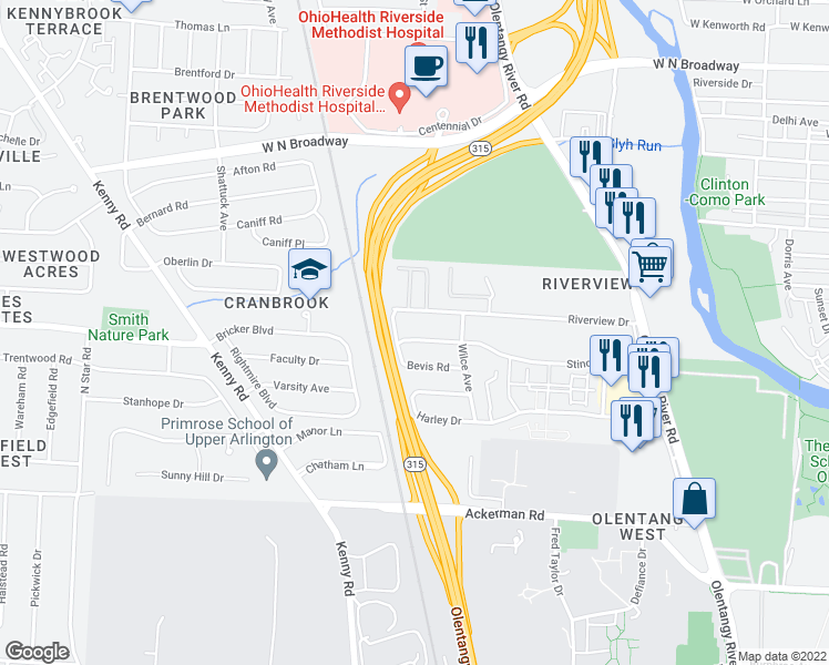 map of restaurants, bars, coffee shops, grocery stores, and more near 764 Stinchcomb Drive in Columbus