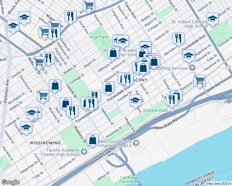map of restaurants, bars, coffee shops, grocery stores, and more near 6618 Torresdale Avenue in Philadelphia