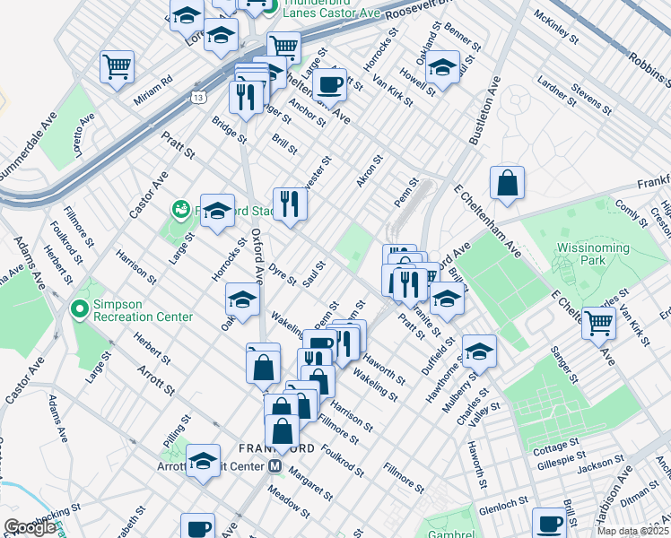 map of restaurants, bars, coffee shops, grocery stores, and more near 5156 Leiper Street in Philadelphia