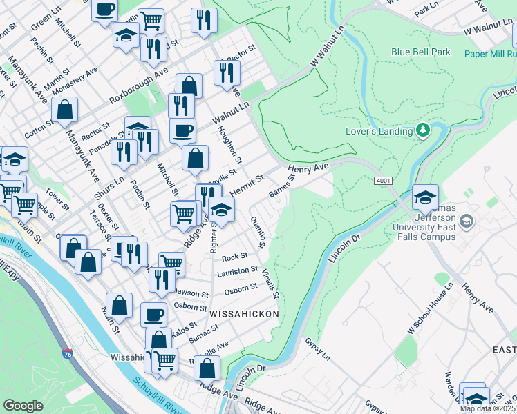 map of restaurants, bars, coffee shops, grocery stores, and more near 5475 Houghton Place in Philadelphia
