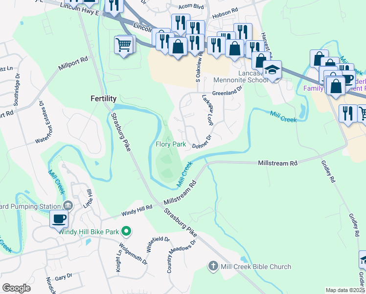 map of restaurants, bars, coffee shops, grocery stores, and more near 384 Dohner Drive in Lancaster