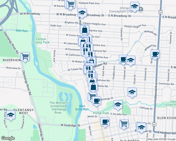 map of restaurants, bars, coffee shops, grocery stores, and more near 16 West Tulane Road in Columbus