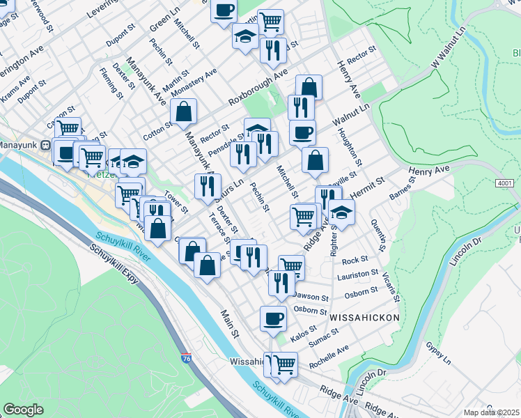 map of restaurants, bars, coffee shops, grocery stores, and more near 4026 Pechin Street in Philadelphia