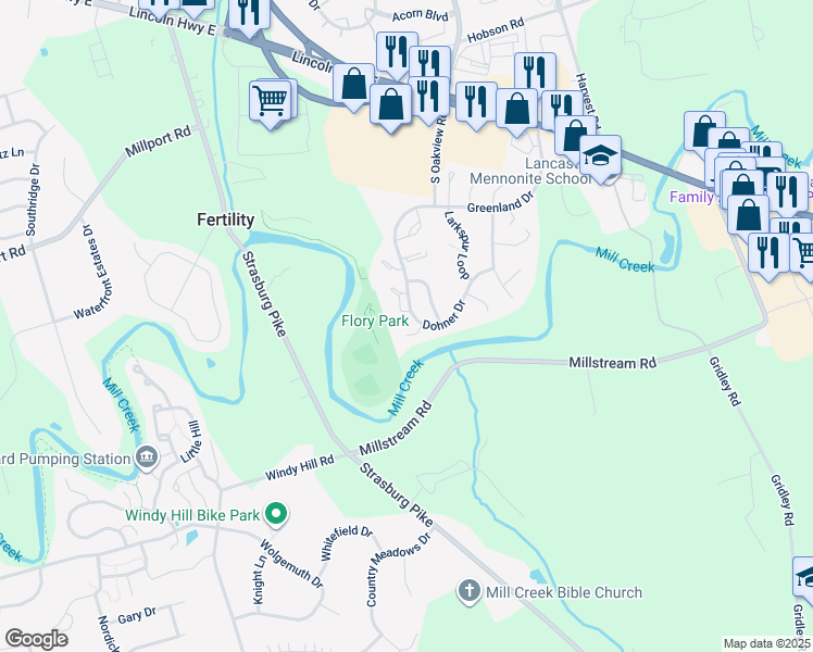 map of restaurants, bars, coffee shops, grocery stores, and more near 388 Dohner Drive in Lancaster